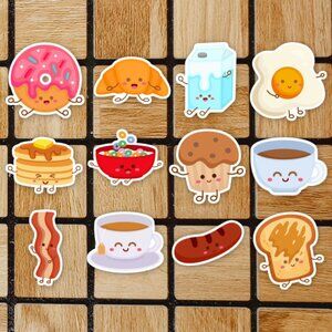 Kawaii Breakfast Food Sticker Pack of 12 Vinyl Stickers - Die Cut Sticker Set
